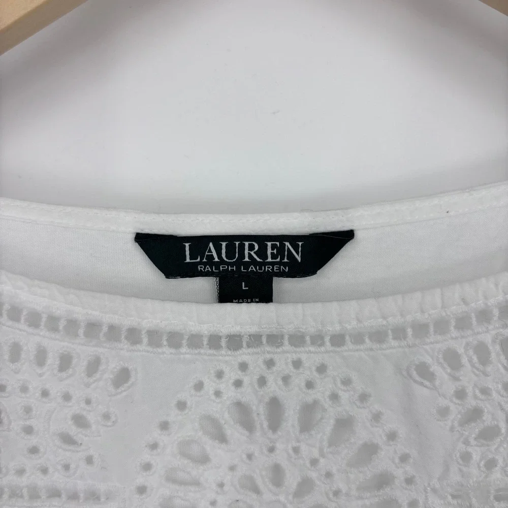 Lauren Ralph Lauren Top Womens L White‎ Eyelet Lace Crochet Boho Summer Blouse